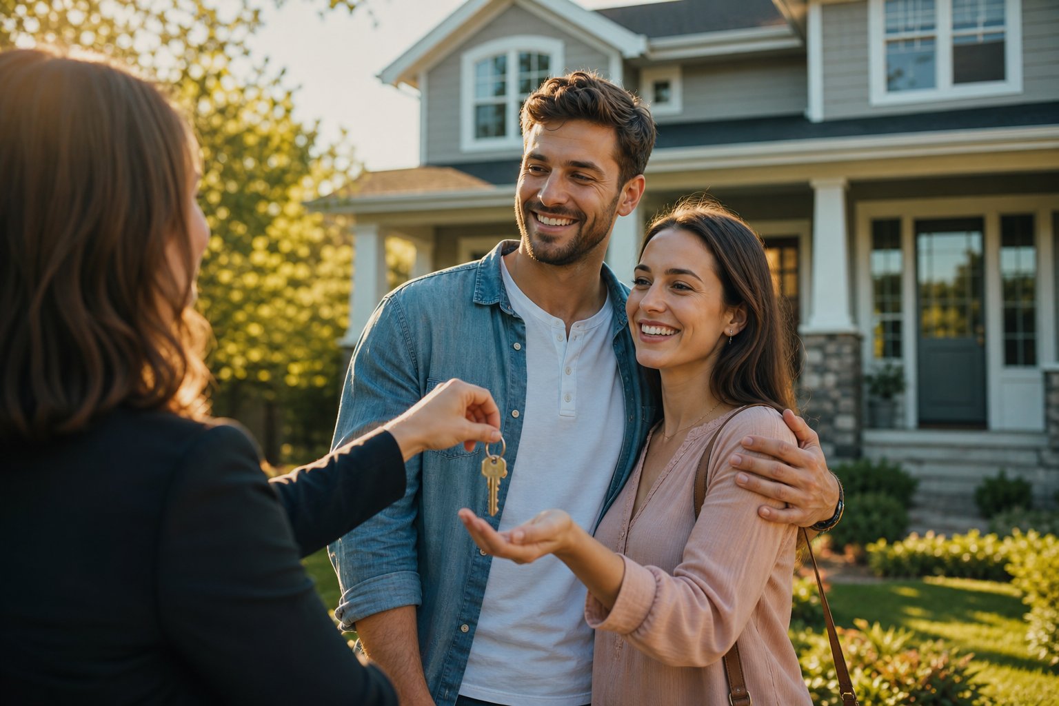 Couple receiving keys to their new home